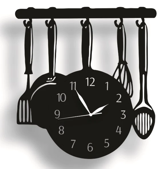 Kitchen wooden wall clockSpoon Fork And Fry Pan Utensils Style Made By Laser Cut Wooden Wall Clock, New Favorite In Modern Home Decor Wall Hanging Decoration In Black and Brown Colour In 16 Inches Size