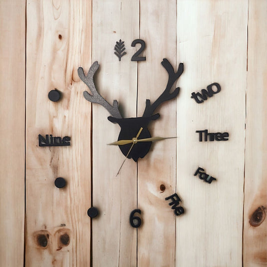 Wooden Wall Clock for Home,Deer Head Wood Clock,Dot Clock,Deer Clock,Mix, MDF,Big Needles,3D Wall Clock.3D Laser Cut Wall Clock, 18 inch Wooden Watch DIY Home Décor Living Room and Office for Gift Item Markhor shape.